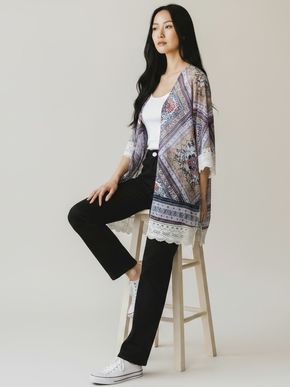 Rewind Boho Printed Lace-Trim Kimono  Lavender Multi Size Large #2222